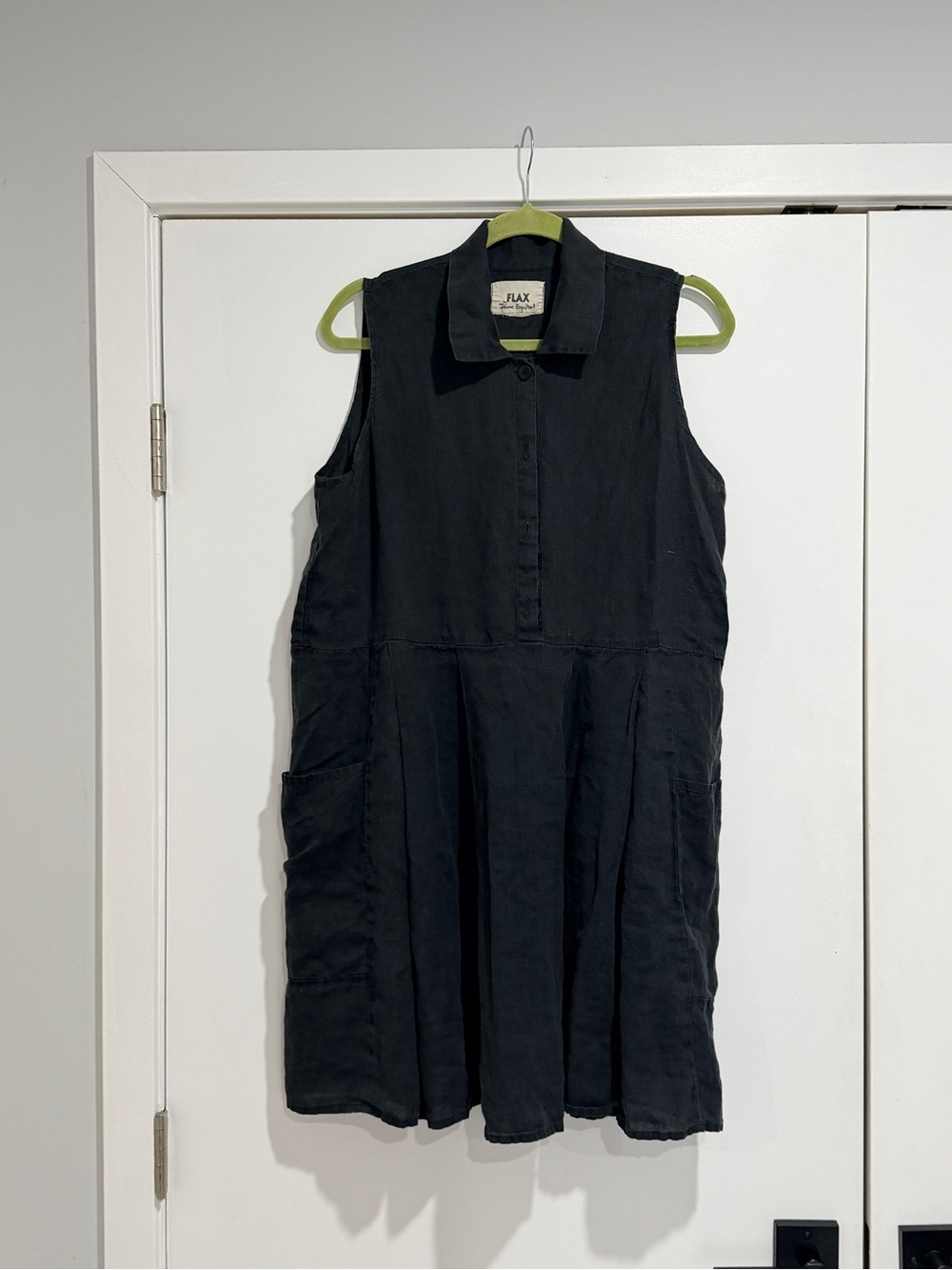 FLAX Black Sleeveless Linen Dress With Large Side Pockets